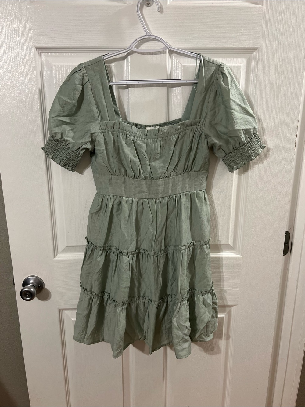 Blu Pepper Sage Green Puff Sleeve Tiered Mini Dress
